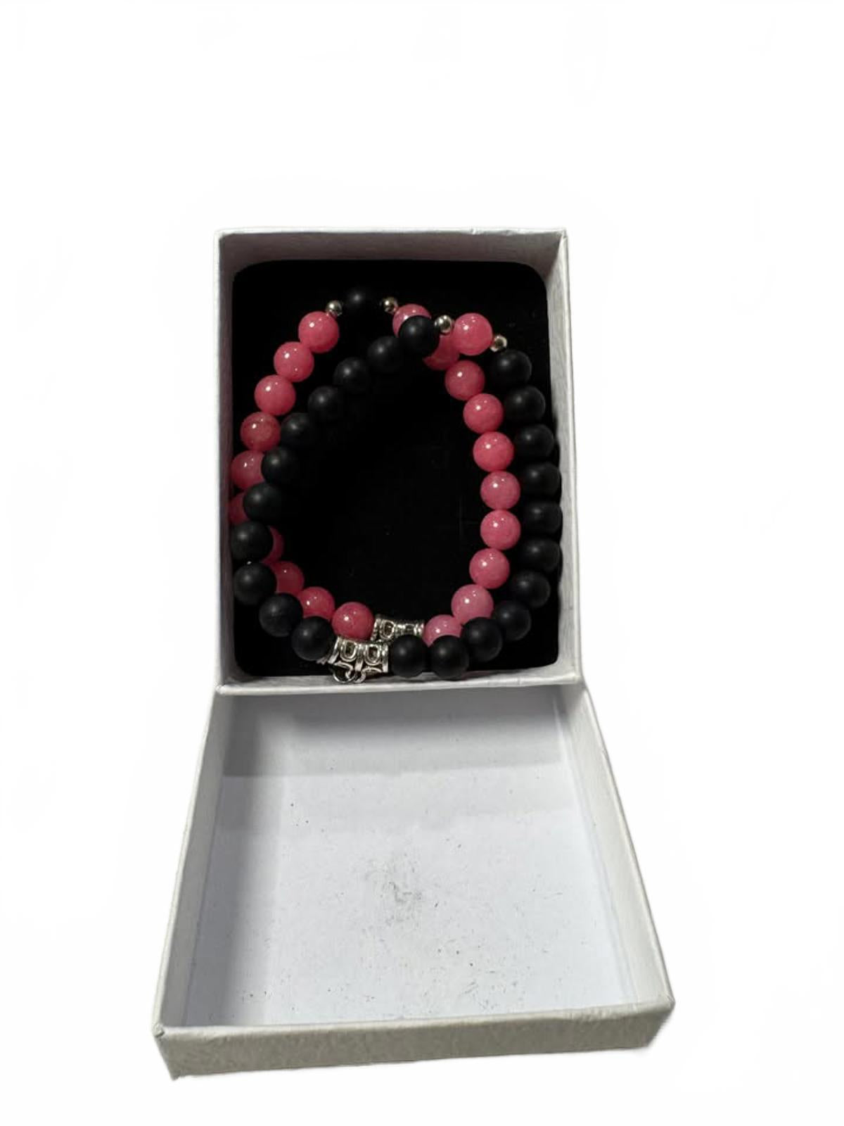 Pink and Black Beaded Couple Bracelets with Heart Charm