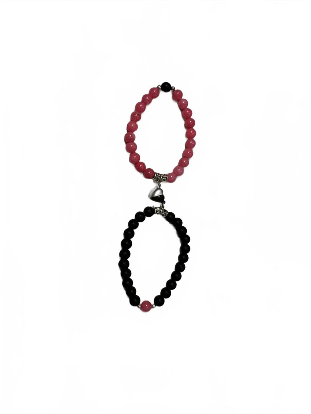 Pink and Black Beaded Couple Bracelets with Heart Charm