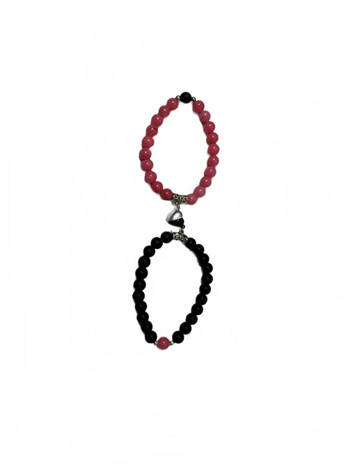 Pink and Black Beaded Couple Bracelets with Heart Charm