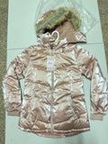 Josie Girls' Shiny Pink Puffer Jacket with Faux Fur Hood