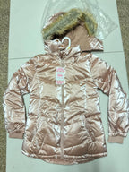 Josie Girls' Shiny Pink Puffer Jacket with Faux Fur Hood