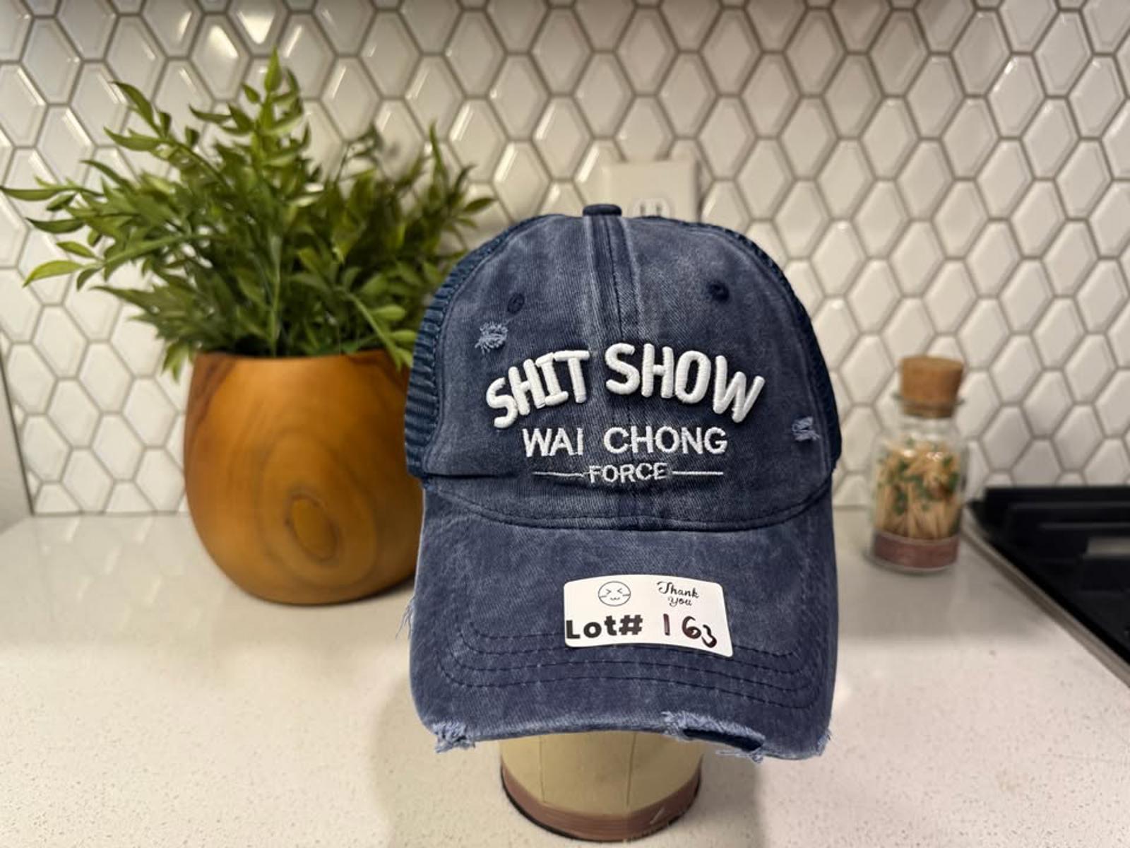 Vintage Distressed Navy Mesh Back Baseball Cap with Embroidered Text