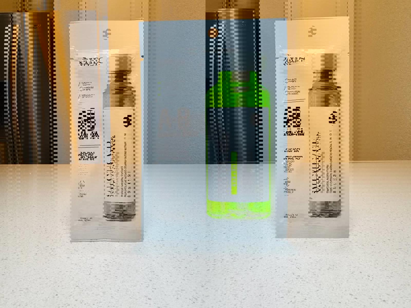 Kormesic A+B skincare product packaging on a kitchen counter