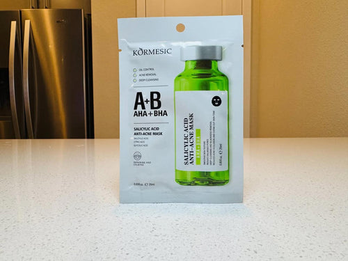 Kormesic A+B skincare product packaging on a kitchen counter