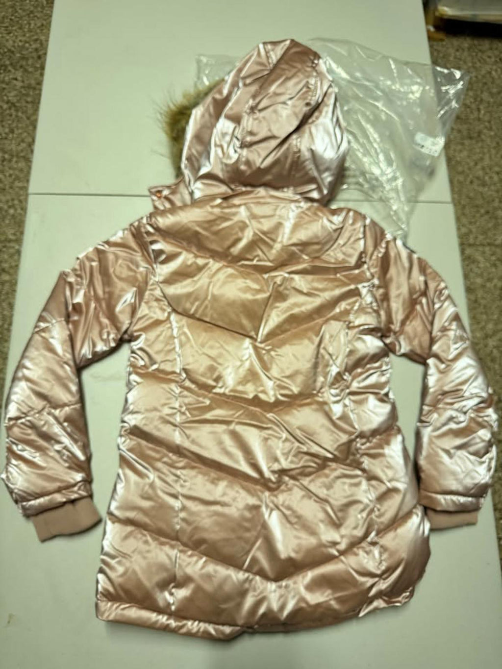 Josie Girls' Shiny Pink Puffer Jacket with Faux Fur Hood