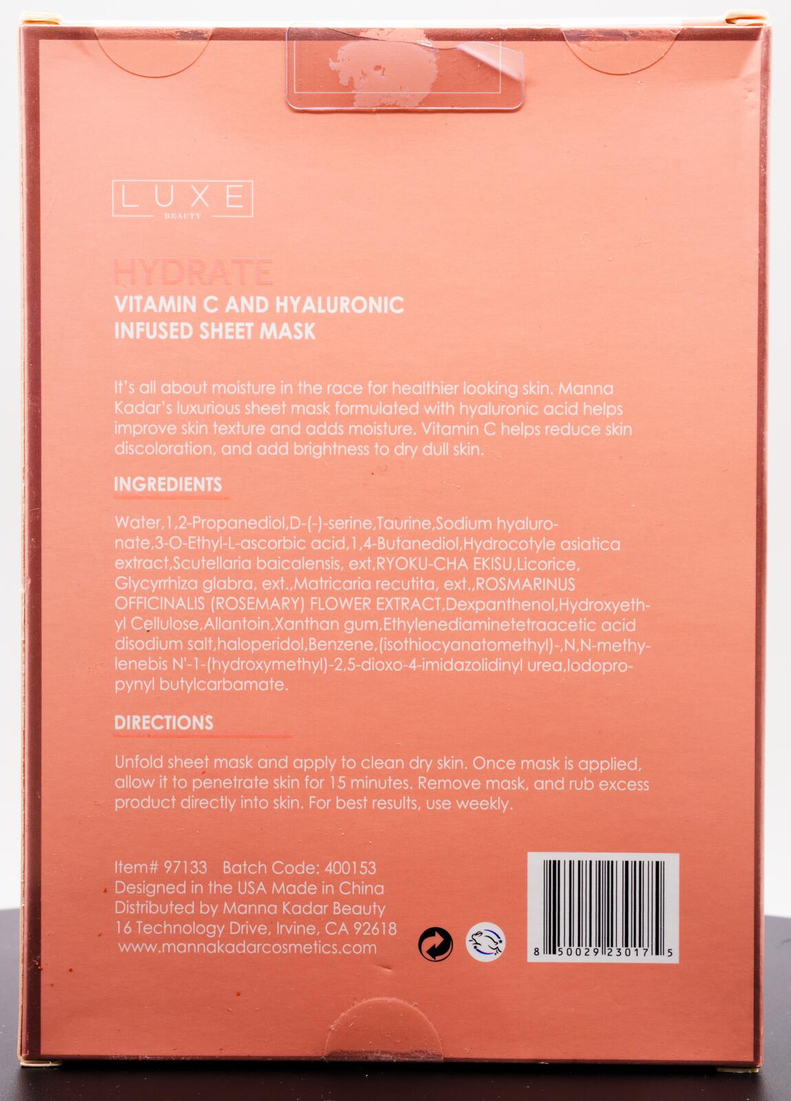 Luxe Beauty Hydrate Vitamin C and Hyaluronic Sheet Mask 5PCS