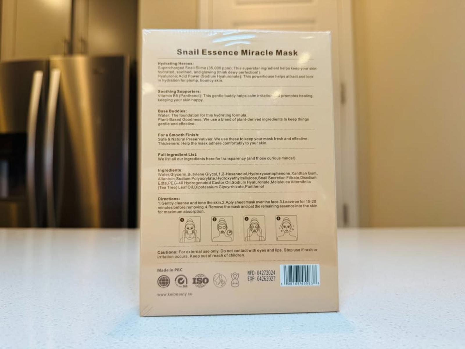 Kei Beauty Snail Essence Miracle Mask - Hydrating & Brightening Facial Mask (10 sheets)