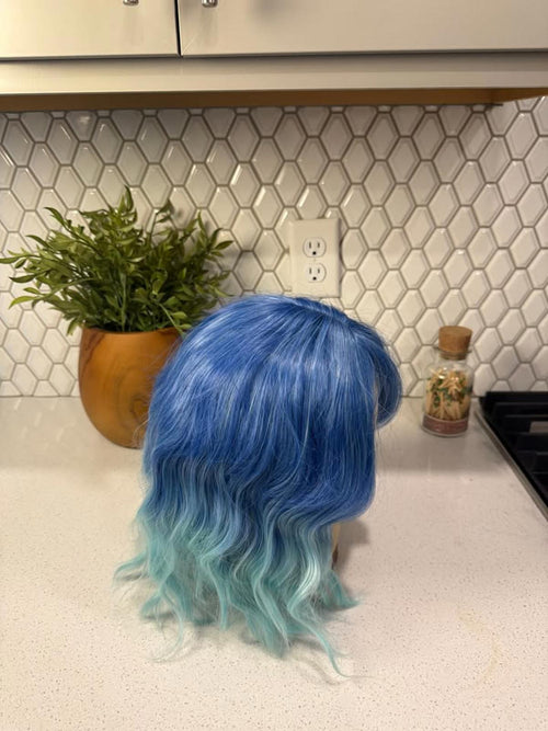 Blue to Aqua Ombre Wavy Synthetic Wig with Bangs