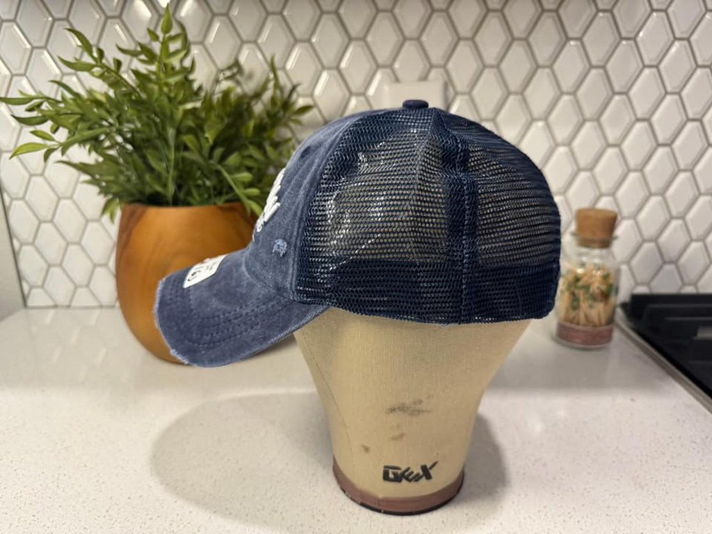 Vintage Distressed Navy Mesh Back Baseball Cap with Embroidered Text