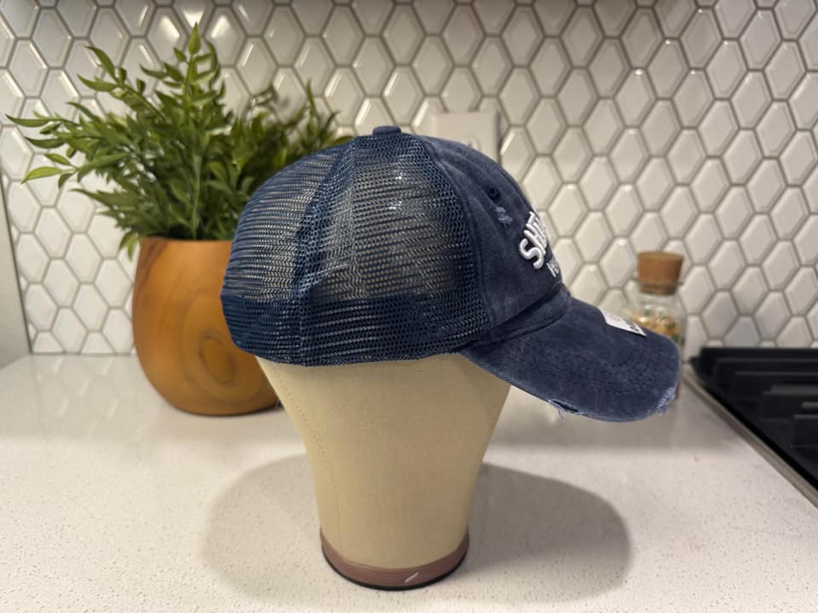 Vintage Distressed Navy Mesh Back Baseball Cap with Embroidered Text