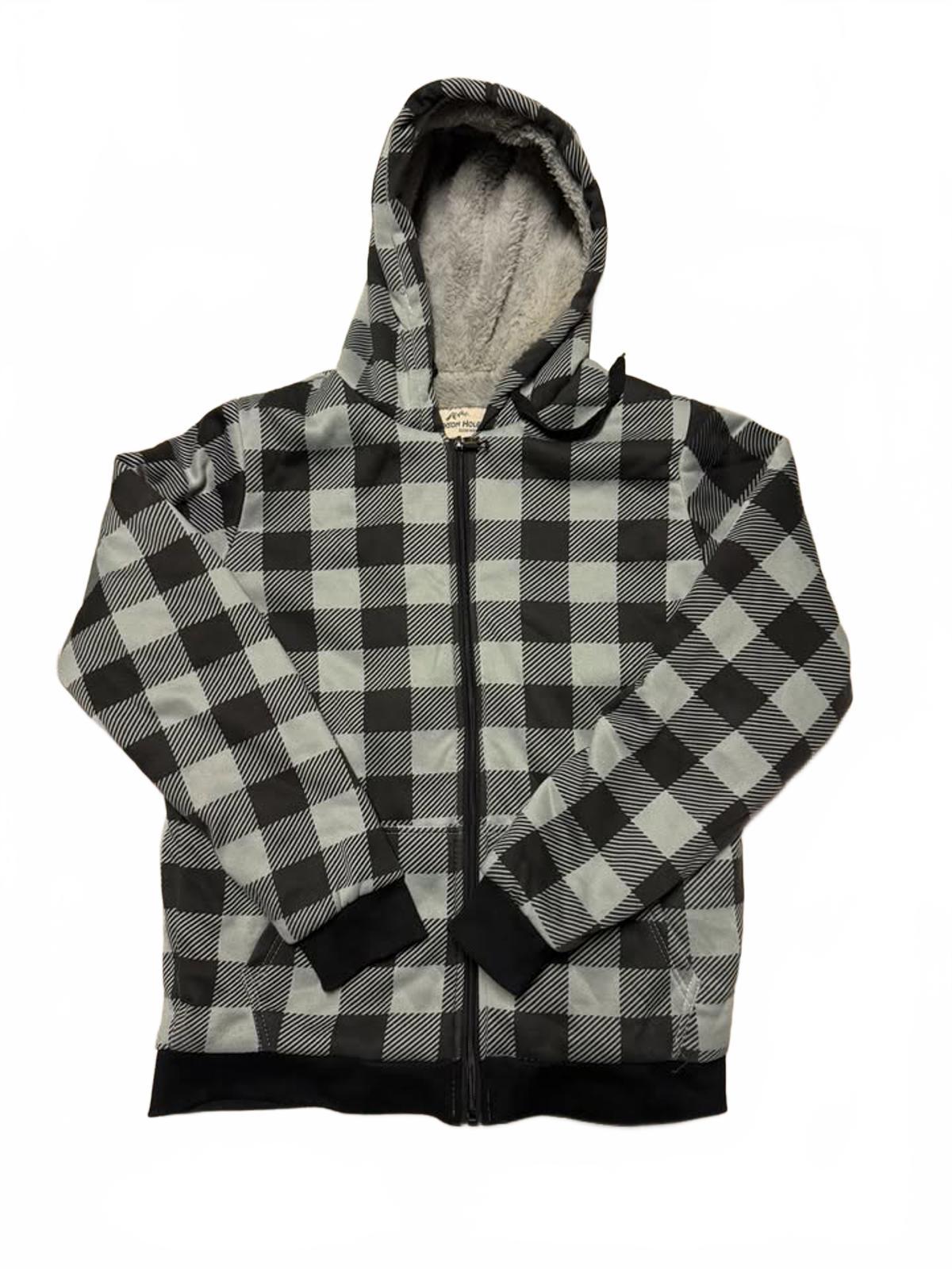 Black and Gray Buffalo Plaid Fleece-Lined Zip-Up Hoodie
