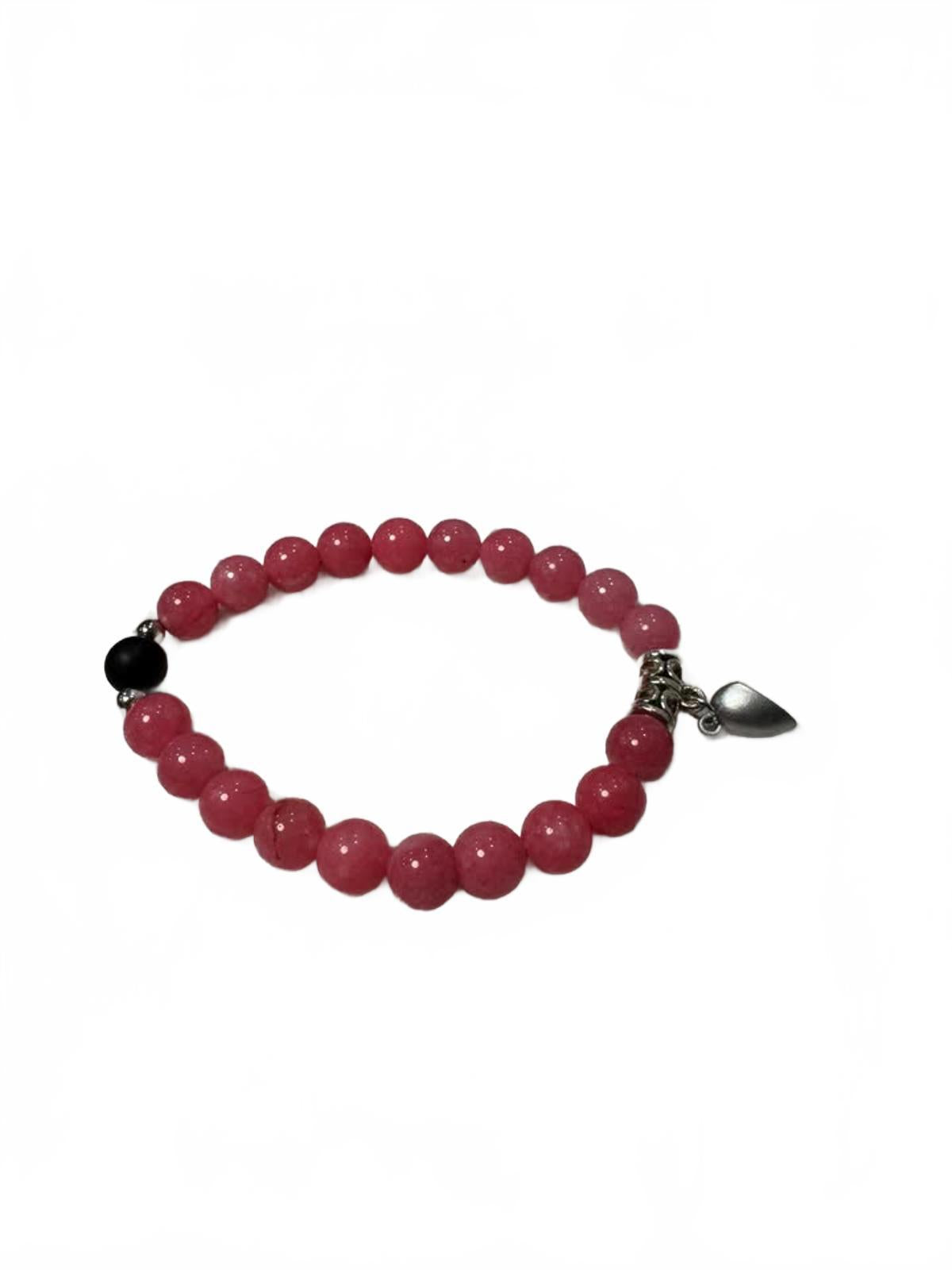Pink and Black Beaded Couple Bracelets with Heart Charm
