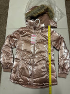 Josie Girls' Shiny Pink Puffer Jacket with Faux Fur Hood