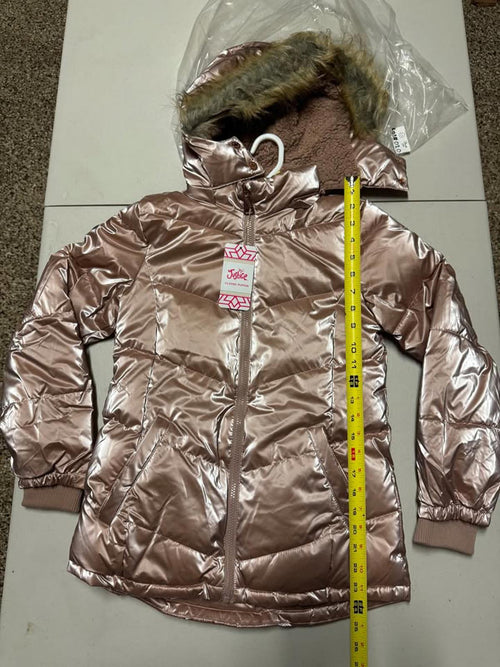 Josie Girls' Shiny Pink Puffer Jacket with Faux Fur Hood