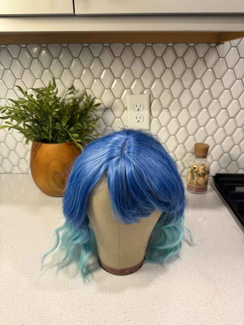 Blue to Aqua Ombre Wavy Synthetic Wig with Bangs