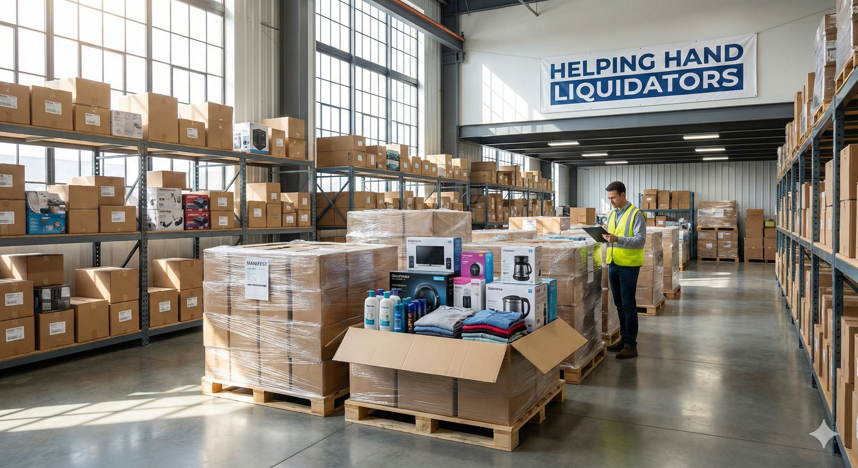 Person in a warehouse with 'Helping Hand Liquidators' sign above.
